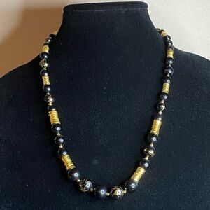 LCi Gold Black Swirl Beaded Necklace Gold Tone 22”